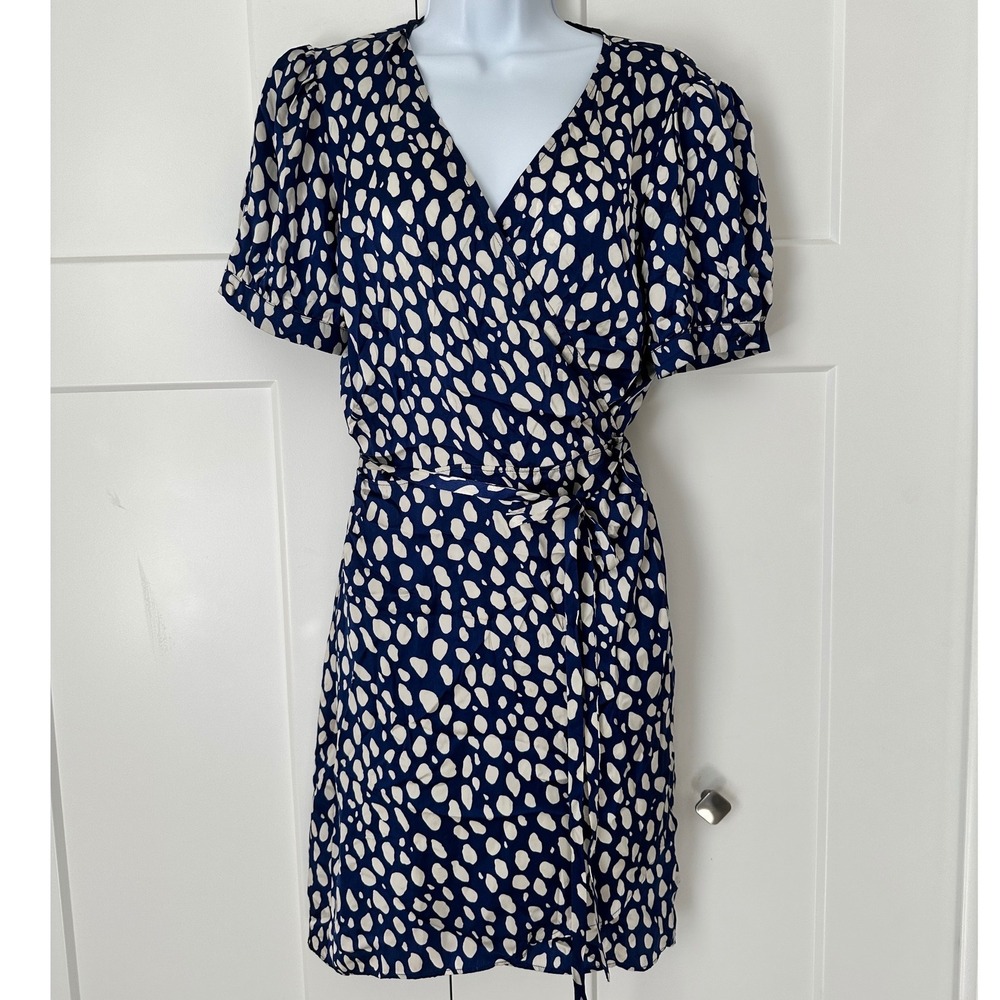 Reformation Honey Silk Wrap Dress XL Blue White Pebble Print Puff Sleeve Mini